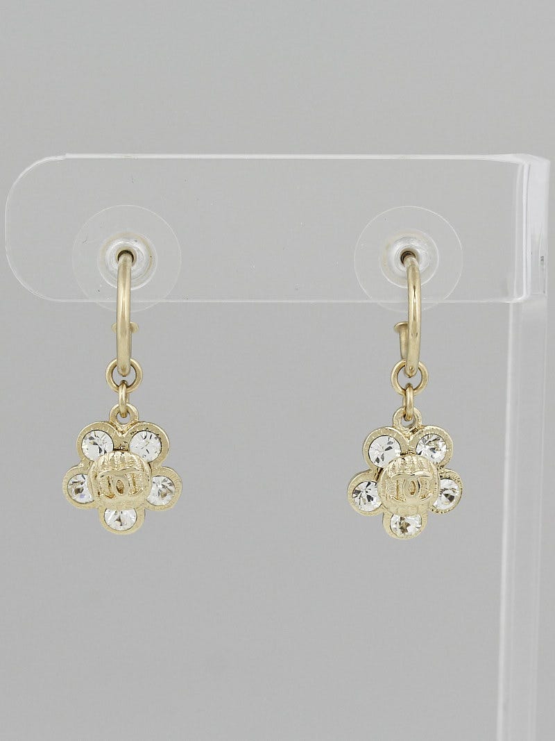 Chanel Goldtone Metal and Crystal Camellia Flower Drop Earrings