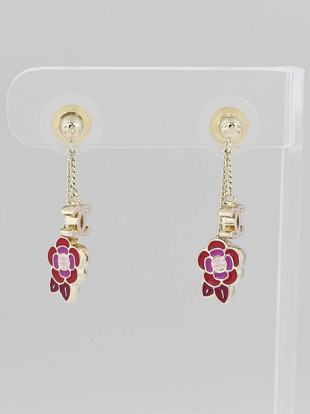 Chanel Pink/Red Enamel Camellia Flower CC Drop Earrings