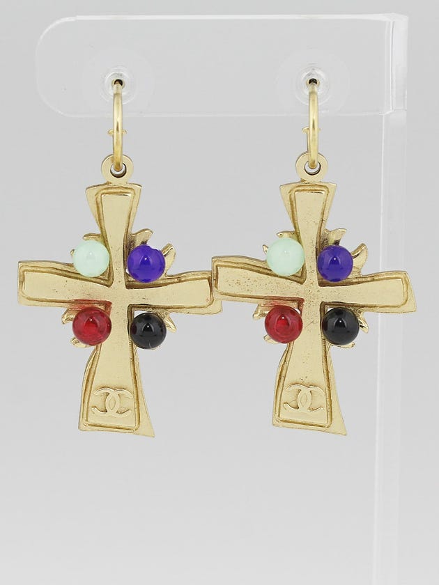 Chanel Goldtone Brushed Metal and Beaded CC Cross Earrings