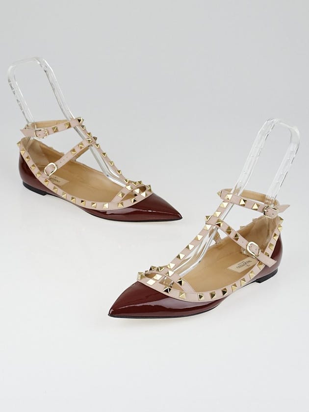 Valentino Brown Patent Leather Rockstud T-Strap Flats Size 9.5/40
