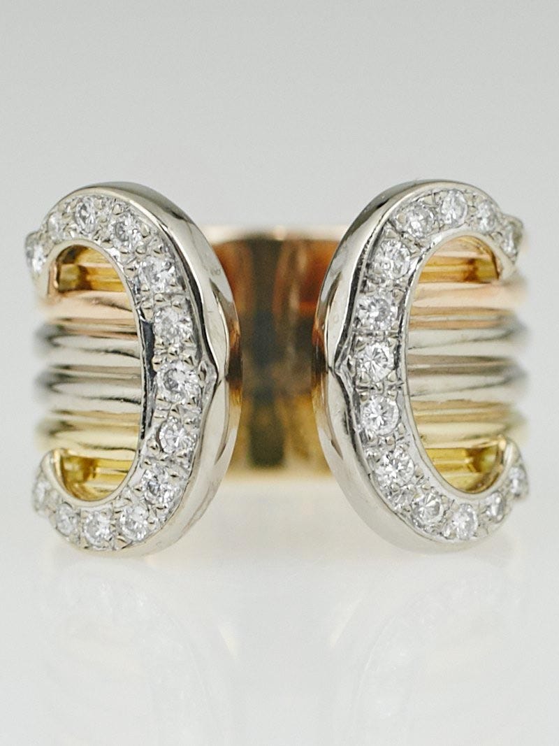 Cartier 18k Tricolor Six Band and Diamond Double C Decor Ring Size 6