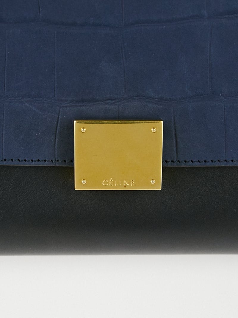 Celine Navy Blue Stamped Crocodile Nubuck and Leather Small