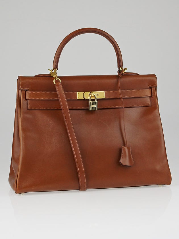 Hermes 35cm Noisette Box Leather Gold Plated Kelly Retourne Bag