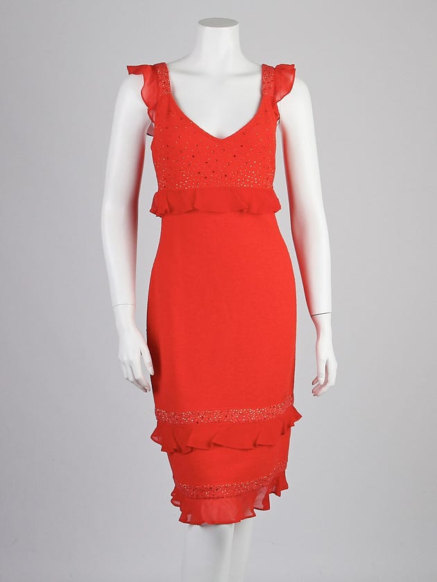 St. John Red Knitted Fabric and Crystals Dress Size 8