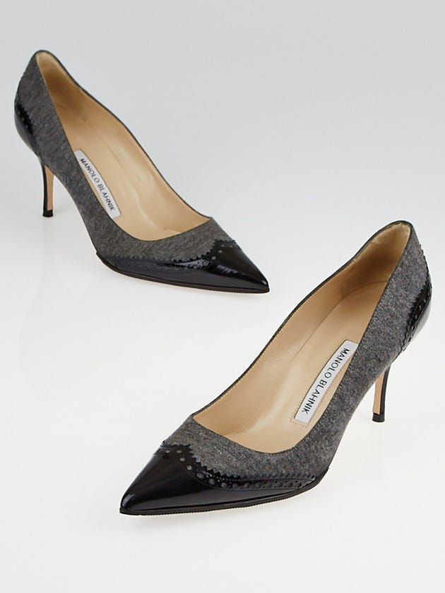 Manolo Blahnik Grey Flannel/Black Patent Leather Ancor 70 Pumps Size 6.5/37