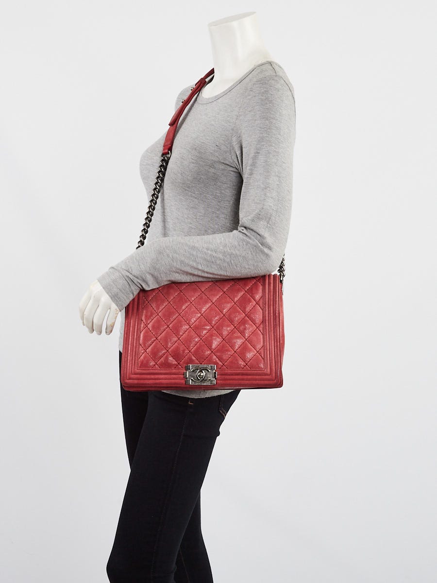 Chanel Red Quilted Iridescent Calfskin Leather Gentle Medium Boy Bag