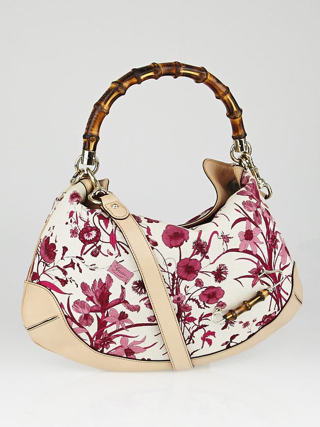Gucci Pink Floral Canvas and Bamboo Peggy Top Handle Hobo Bag
