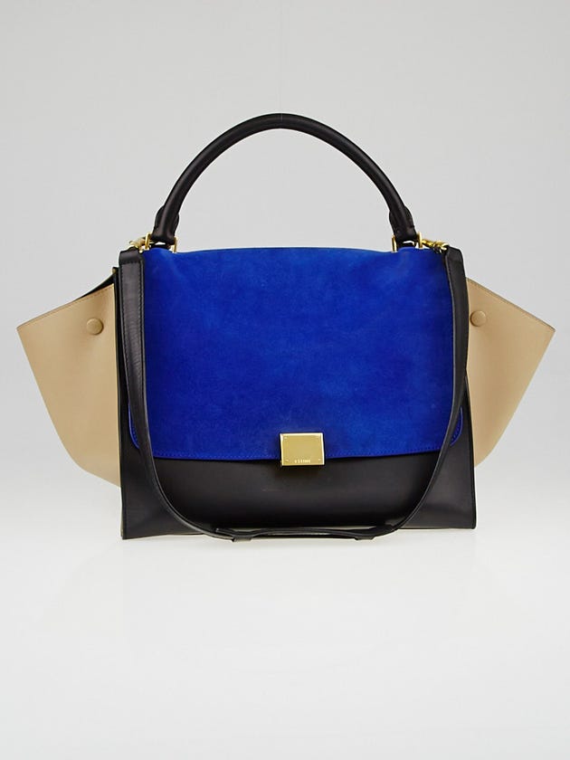 Celine Cobalt/Black/Cream Tri-Color Smooth Leather and Suede Small Trapeze Bag
