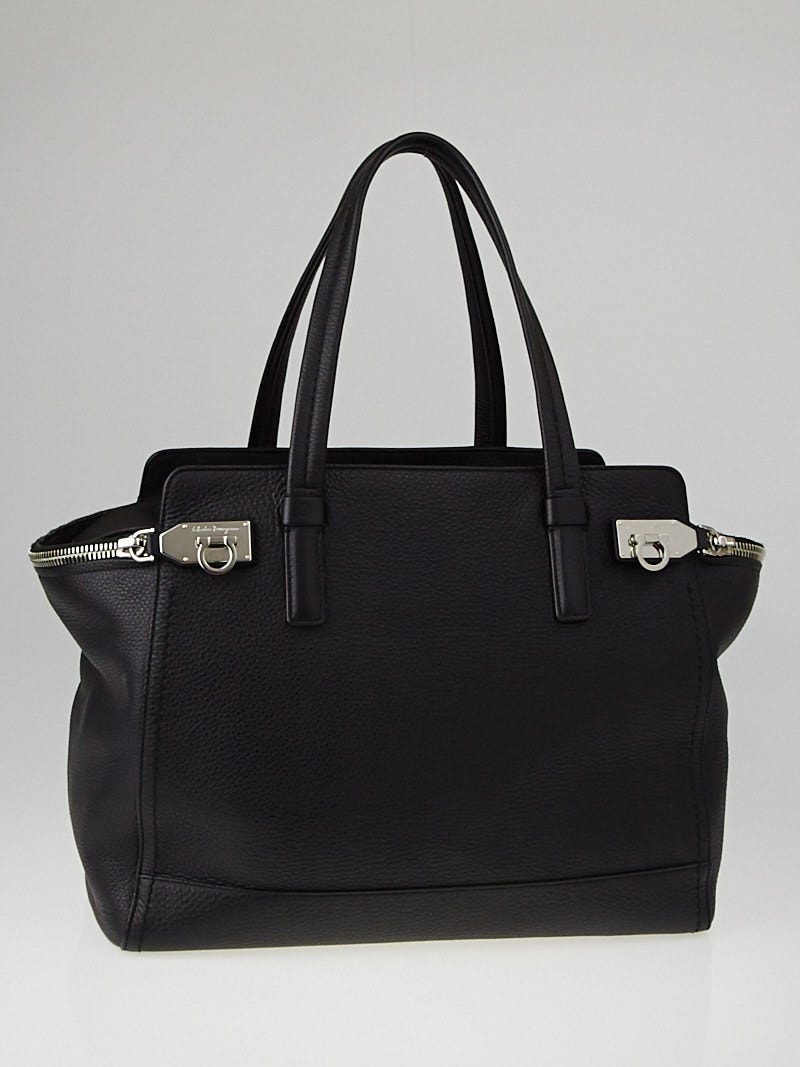 Salvatore Ferragamo Black Pebbled Calfskin Leather Large Verve