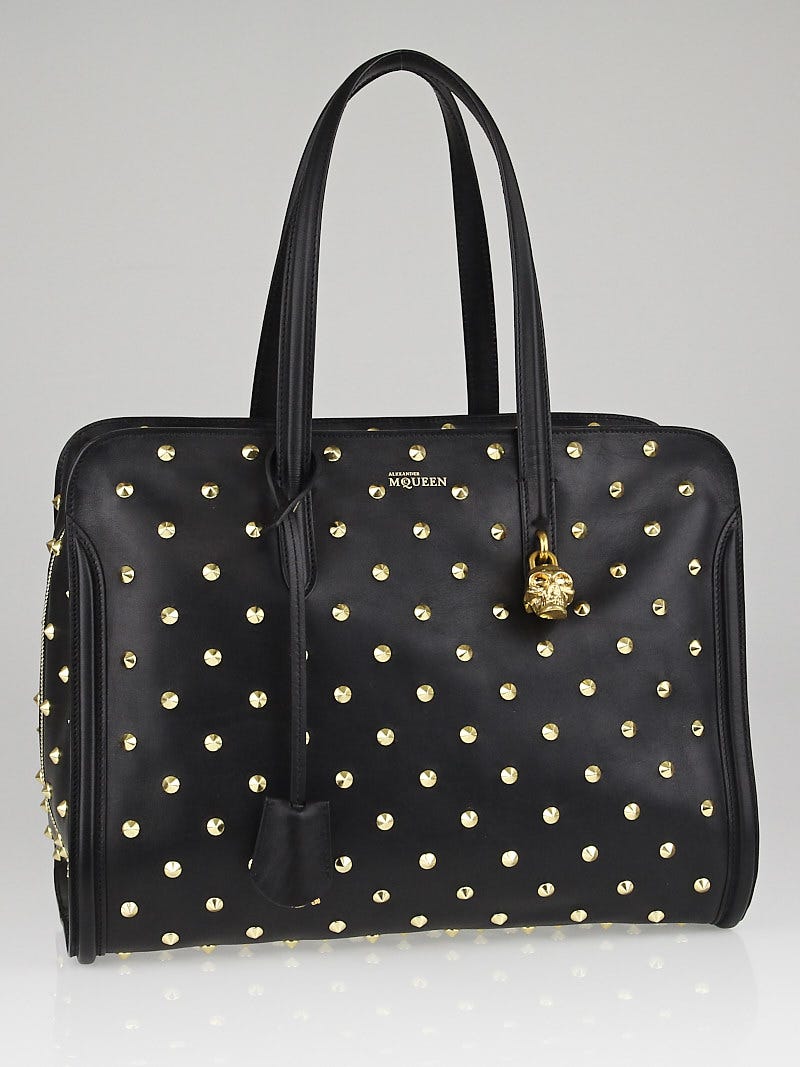 Alexander McQueen Black Studded Leather Medium Skull Padlock
