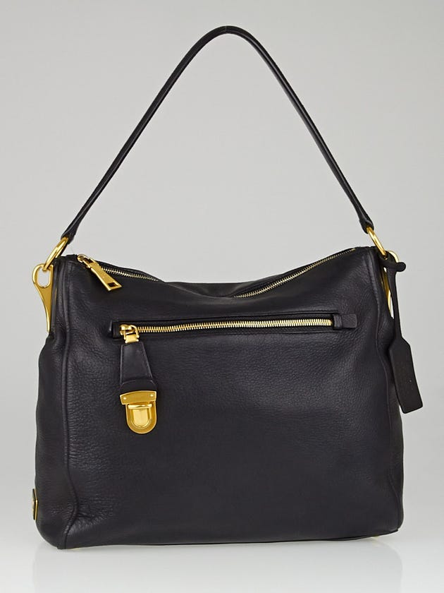 Prada Black Cervo Leather Zip Shoulder Bag BR4501