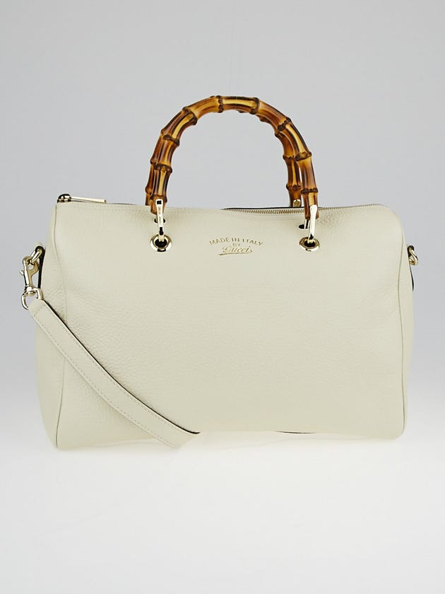 Gucci White Pebbled Leather Bamboo Shopper Boston Bag