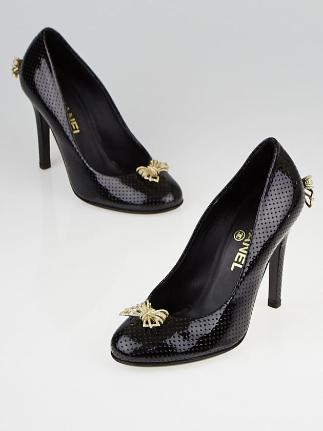 Chanel Black Perforated Patent Leather Bow Pumps Size 5.5/36C