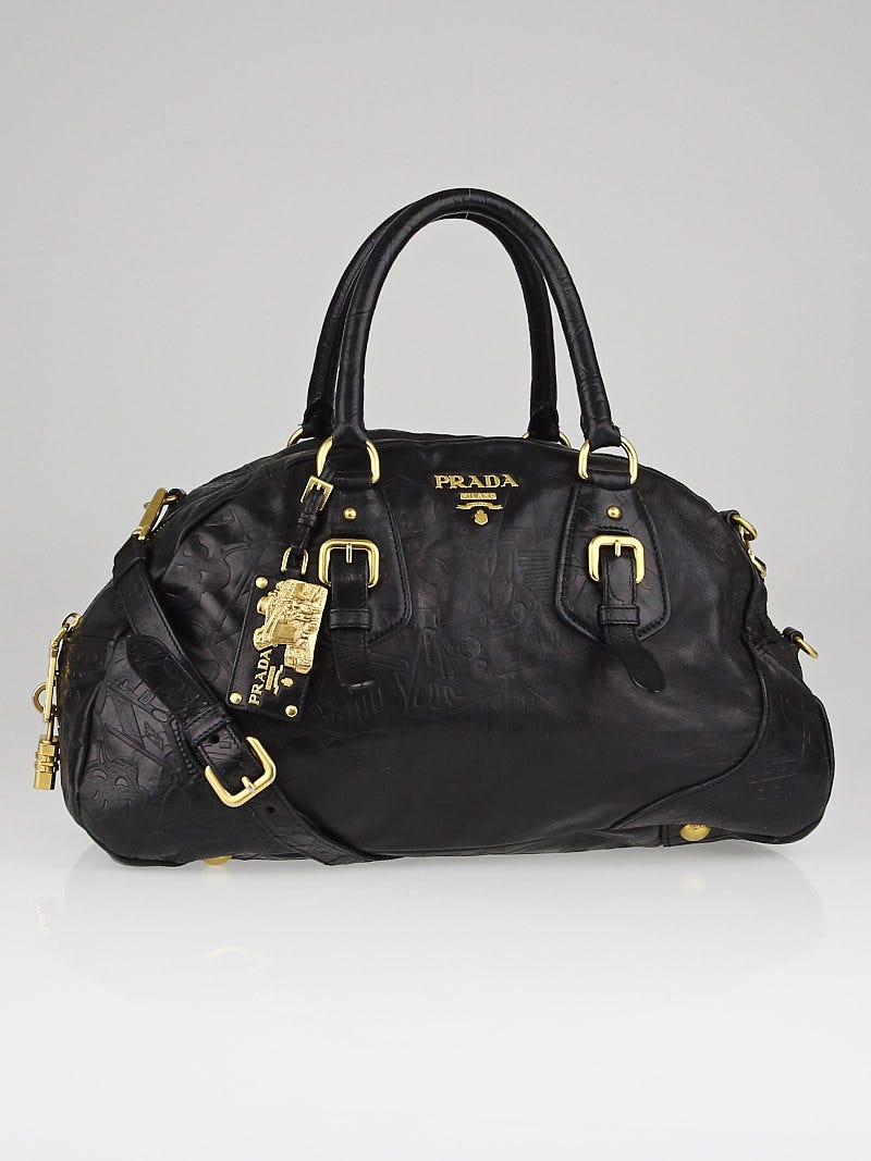 Prada Black Printed Glace Leather Dome Bowler Bag BL0417 | Yoogi's