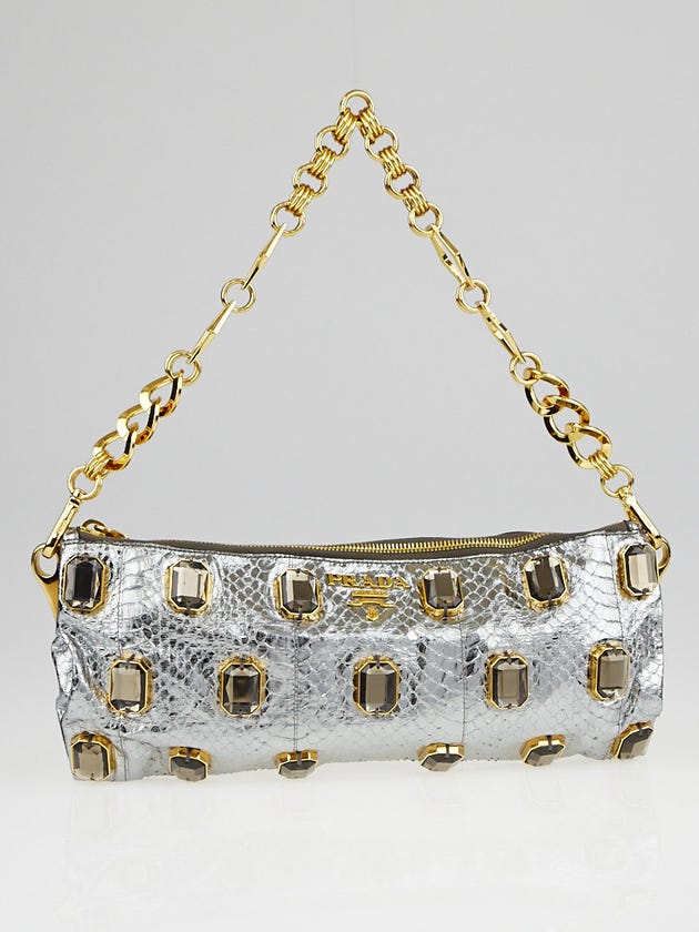 Silver Python Handbgs Prada Silver Python Jeweled Chain Clutch Bag BP0250 | Yoogi's Closet