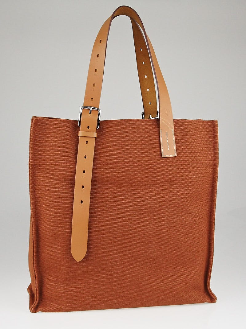 Hermes Brown Canvas and Natural Vache Hunter Leather Etriviere Shopping Tote Bag Yoogi s Closet