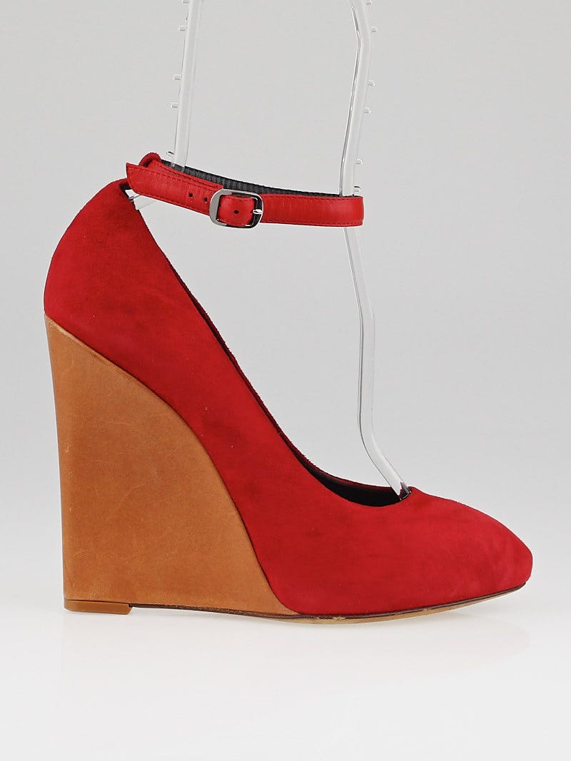Celine Red Suede Colorblock Ankle Strap Wedges Size 9 39.5