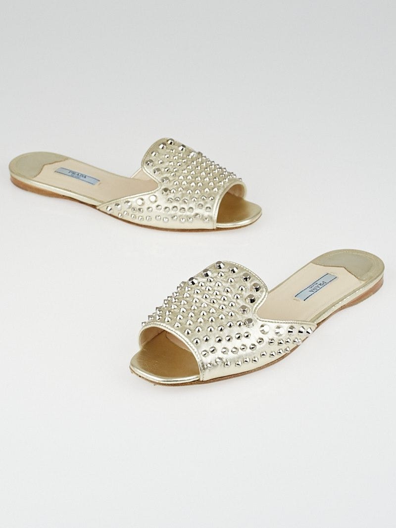 Prada Metallic Gold Leather Studded Slide Sandals Size 7.5/38