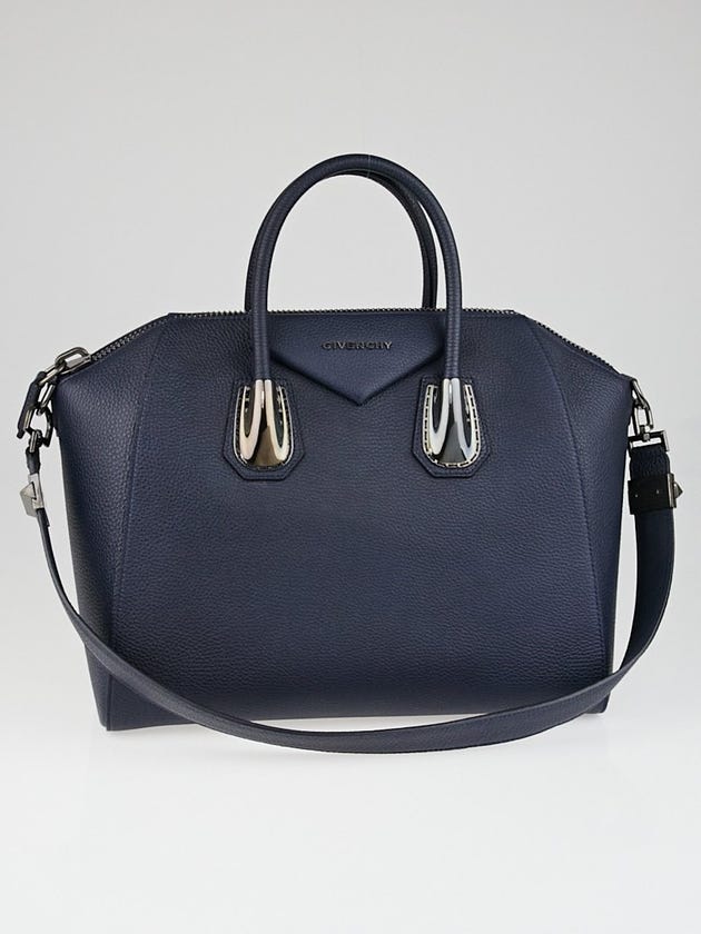 Givenchy Dark Blue Grained Calfskin Leather Kenya Metal Medium Antigona Bag