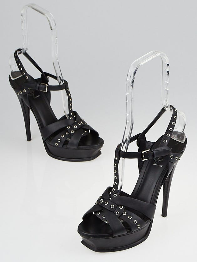 Yves Saint Laurent Black Leather Tribute Studded Sandals Size 8.5/39