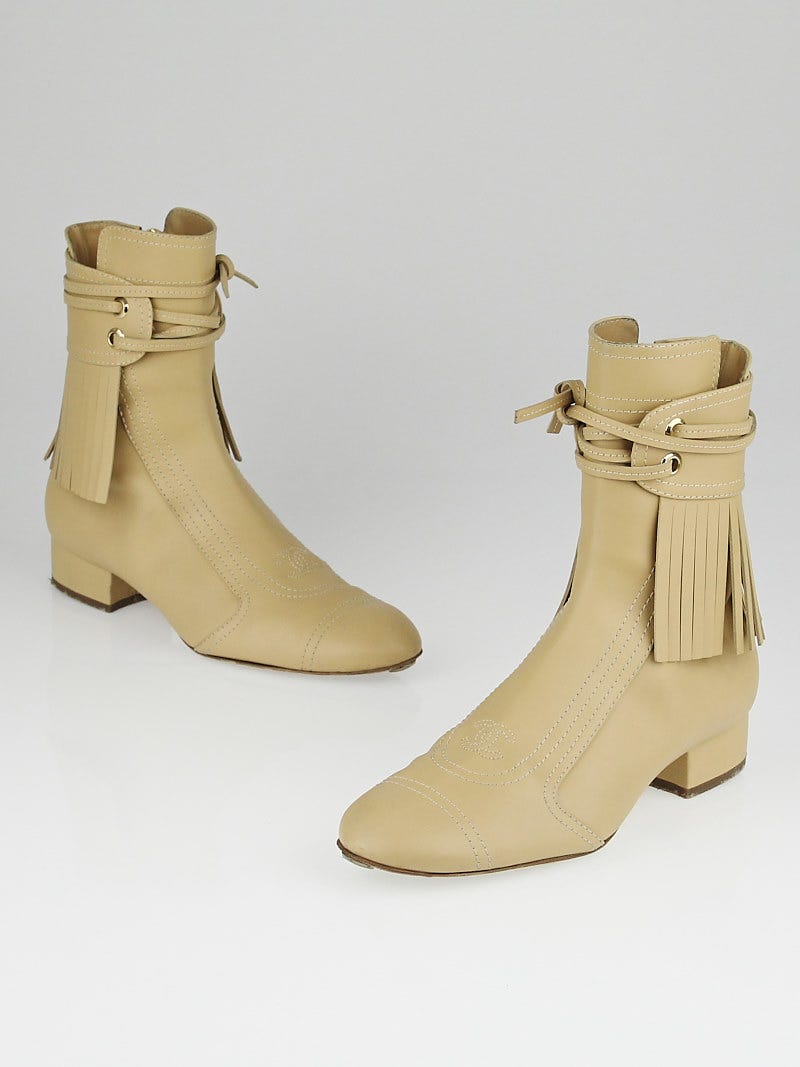 Chanel Beige Calfskin Leather Fringe Short Boots Size 8 38.5