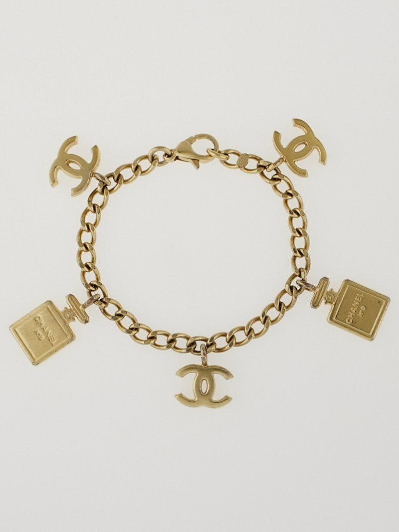 Chanel Gold Metal CC and Chanel No.5 Perfume Charm Bracelet - Yoogi's Closet