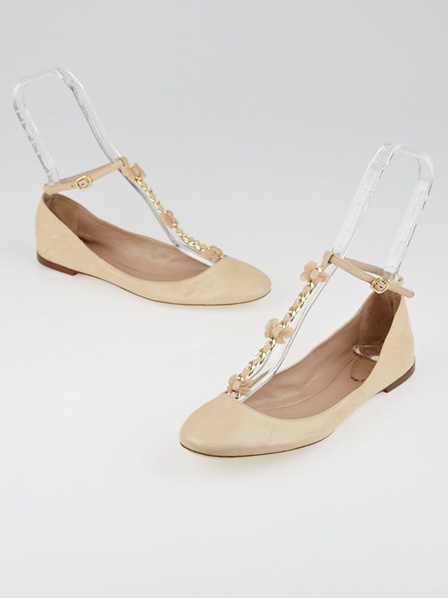 Chloe Poudre Goatskin Leather Bow T-Strap Ballet Flats Size 8/38.5