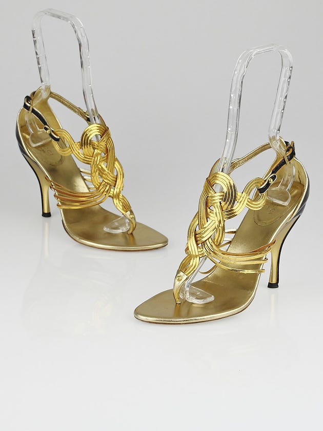 Gucci Gold Leather and Chain High-Heel Thong Sandals Size 7.5