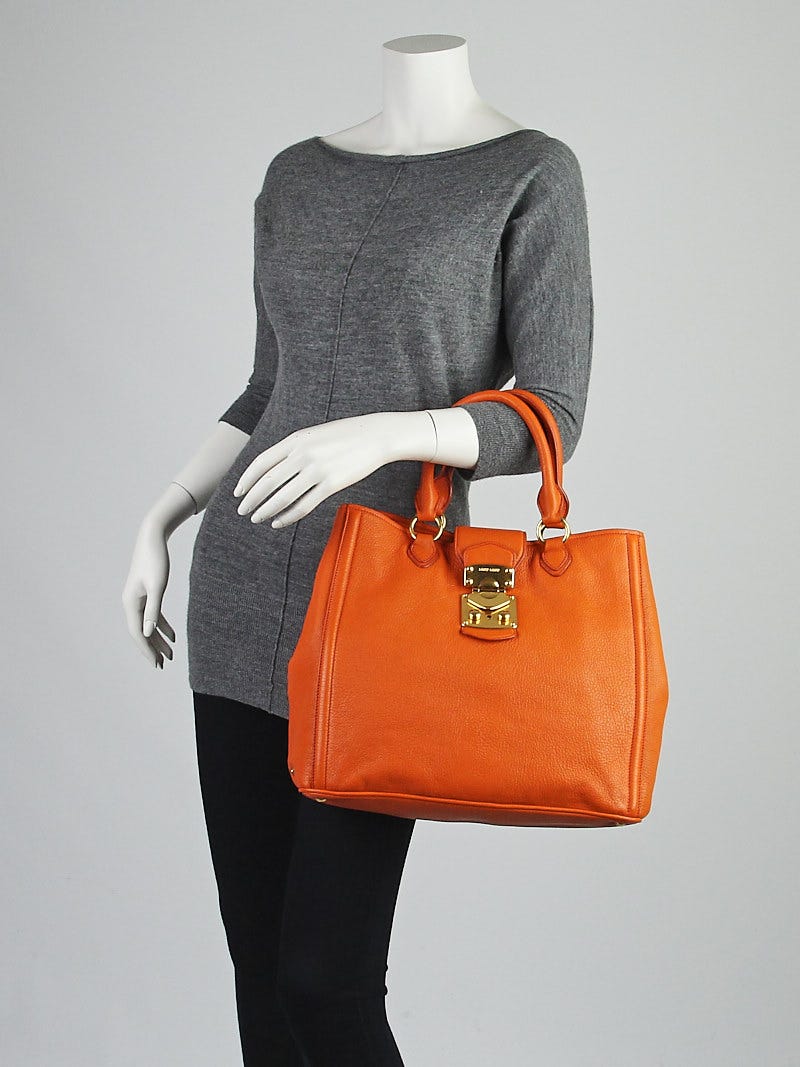 Miu Miu Orange Madras Goatskin Leather Tote Bag | Yoogi's Closet Miu Miu Orange Madras Goatskin Leather Tote Bag | Yoogi's Closet