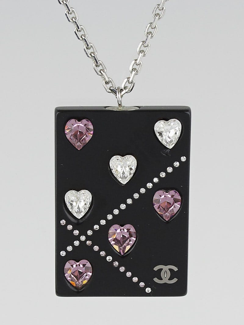 Chanel Black Resin Crystal Hearts Pendant Necklace - Yoogi's Closet