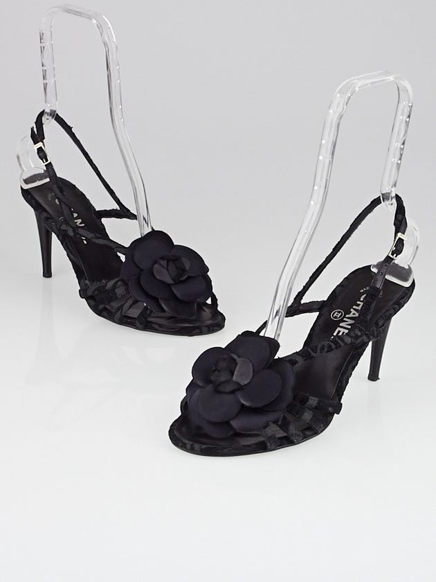 Chanel Black Embroidered Canvas Camellia Sandals Size 9/39.5