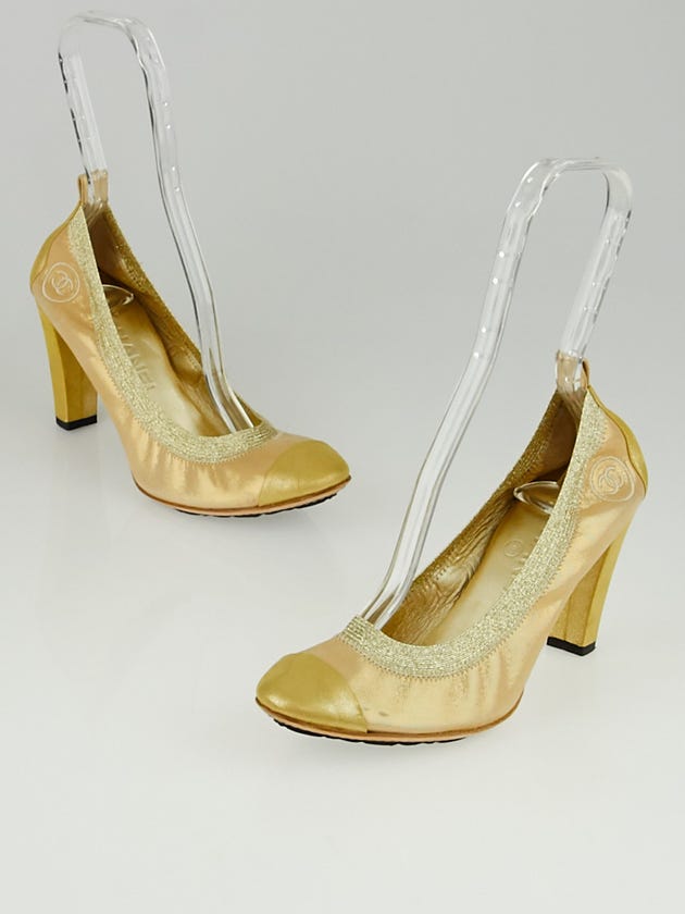 Chanel Gold Iridescent Leather Elastic Ballet Pumps Size 8.5/39