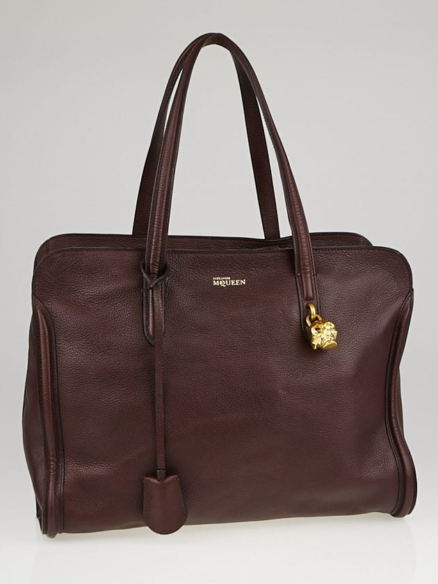 Alexander McQueen Burgundy Calfskin Leather Medium Padlock Zip Tote Bag 
