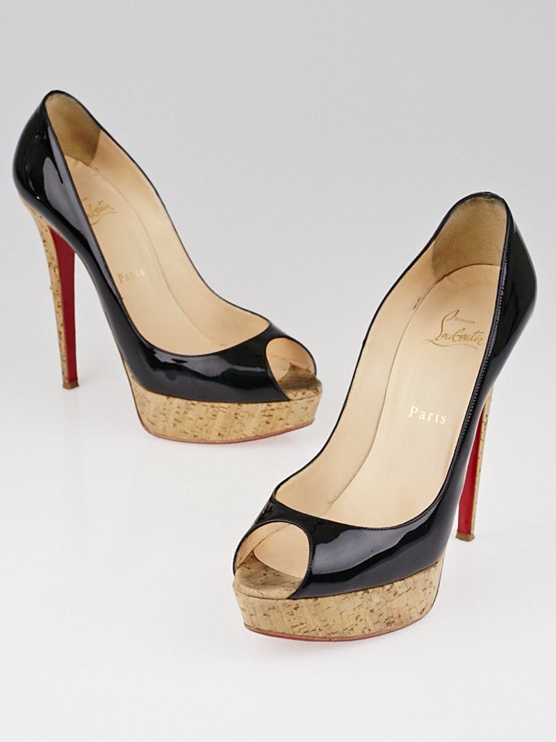 Christian Louboutin Lady Peep Toe Black Patent High Heels 39.5