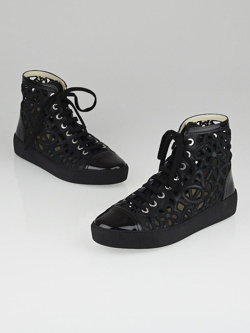 Chanel Black Laser-Cut Leather Camellia High-Top Sneakers Size /37 -  Yoogi's Closet