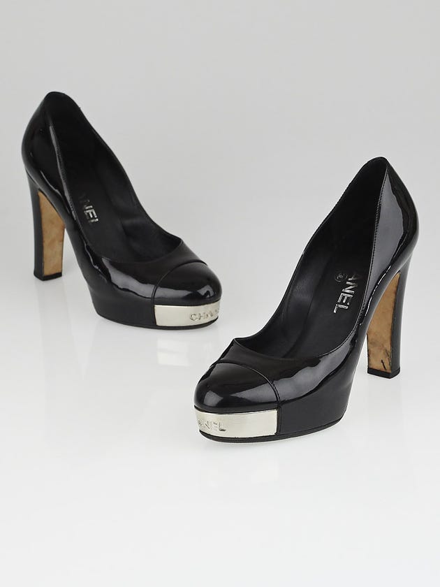 Chanel Black Patent Leather Cap Toe Platform Pumps Size 6.5/37