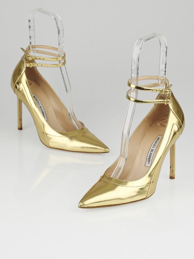 Manolo Blahnik Gold Specchio Leather Storm Ankle Strap Pumps Size 9/39.5