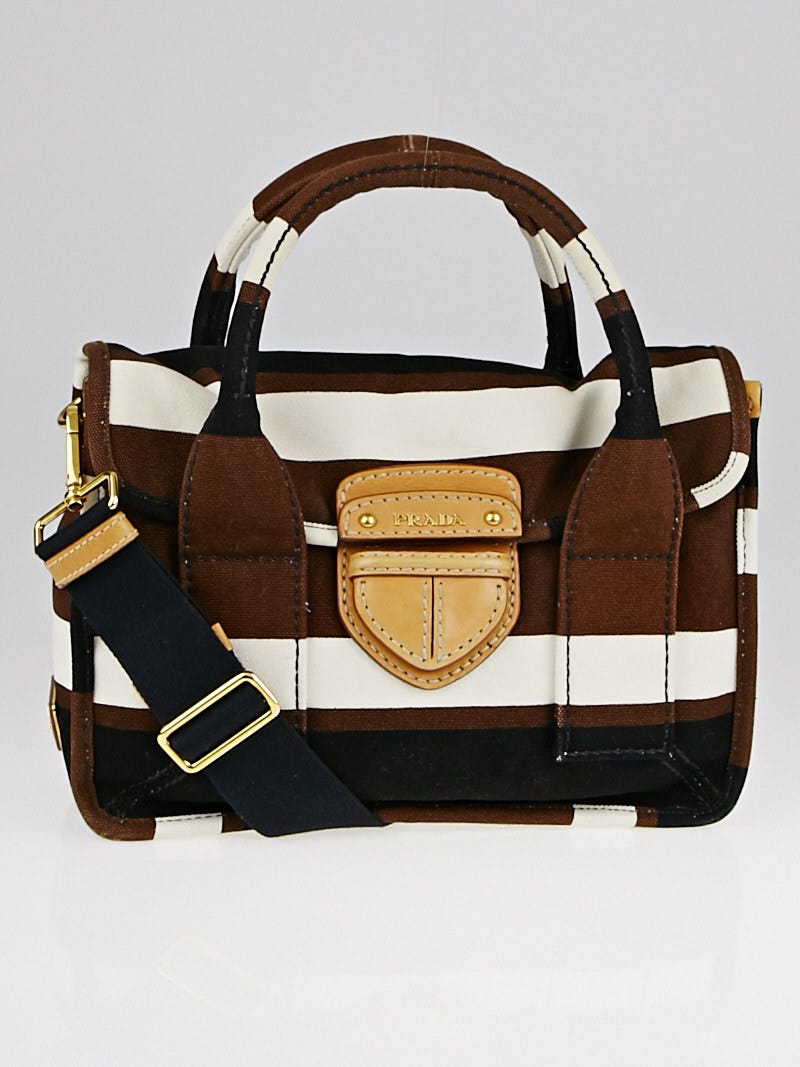 Prada Tabacco Canapa Stripe Canvas Small Pattina Shopping Bag BN2119 Yoogi s Closet
