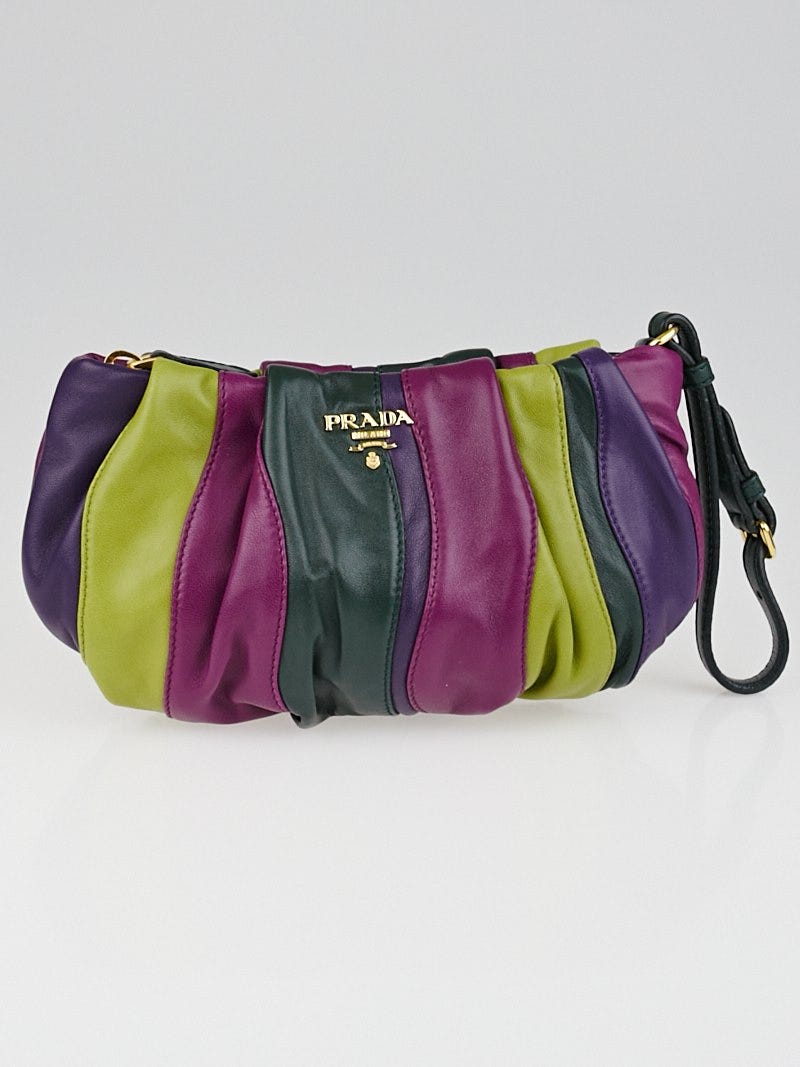 Prada Viola and Alloro Nappa Stripes Leather Wristlet Clutch Bag