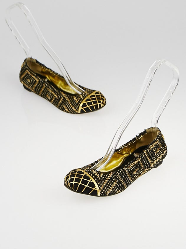 Chanel Black/Gold Metallic Tweed Elastic Metal Cap Toe Ballet Flats Size 5.5/36