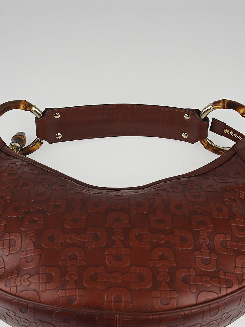 Gucci Brown Horsebit Embossed Leather Bamboo Ring Hobo Bag