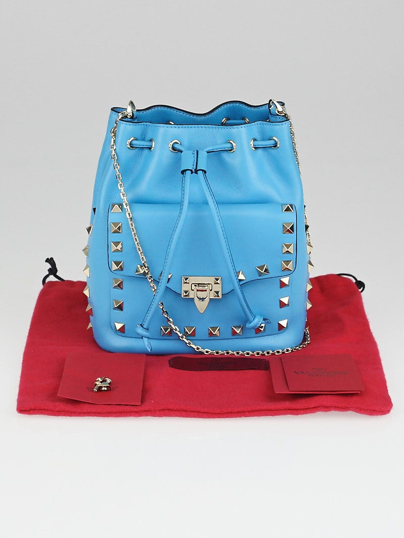 Valentino Blue Leather Rockstud Mini Drawstring Bucket Bag Yoogi s Closet
