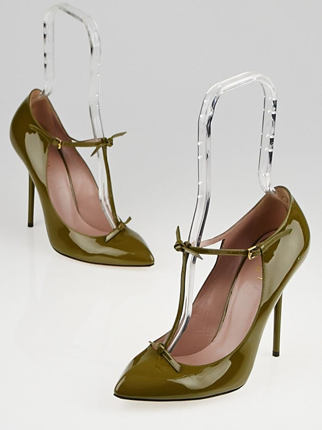 Gucci Olive Green Patent Leather Beverly T-Strap Pumps Size 7.5/38
