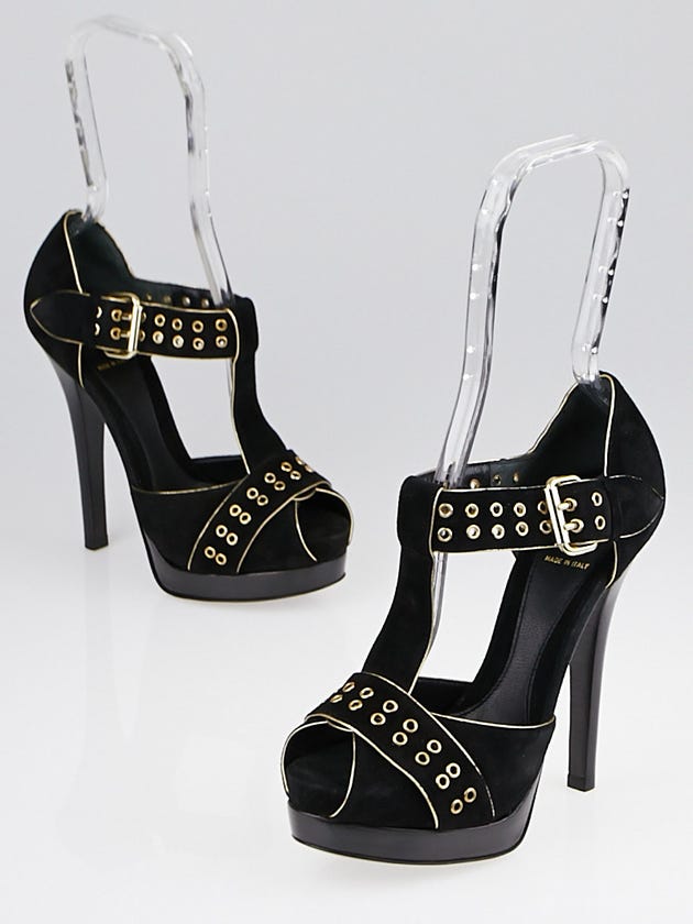 Fendi Black Suede Studded Platform T-Strap Sandals Size 6/36.5