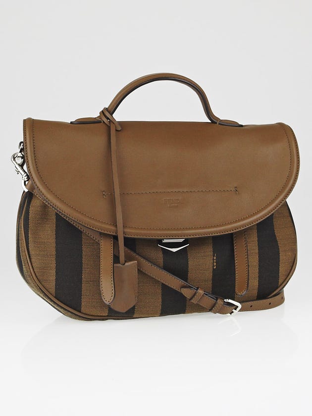 Fendi Brown Leather and Tobacco Pequin Stripe Canvas Top Handle Saddle Messenger Bag 8BT221