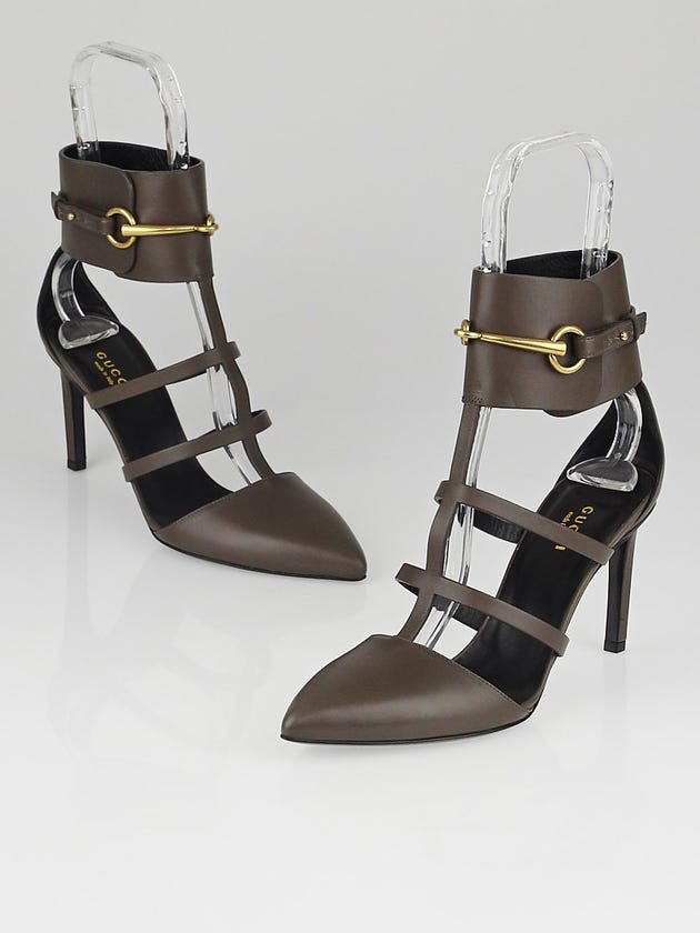Gucci Grey Leather Ursula Ankle Strap Horsebit Cage Pumps Size 6.5/37