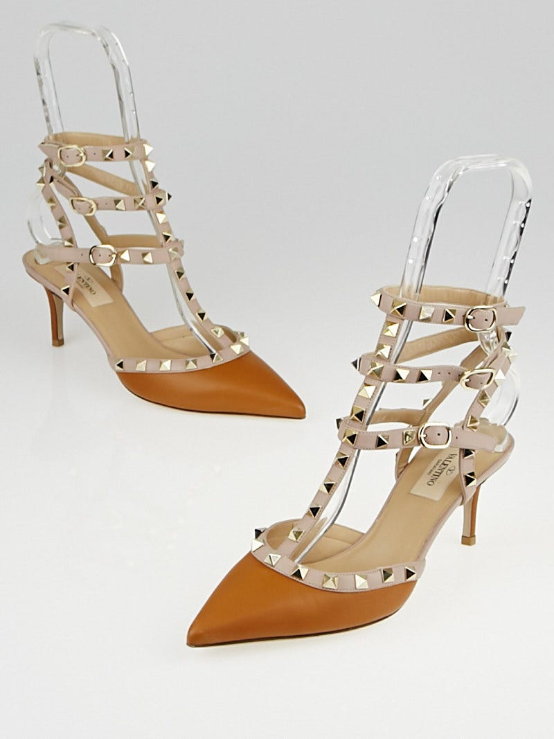 Valentino Cognac Nude Leather Rockstud T Strap Pumps Size 7 37.5
