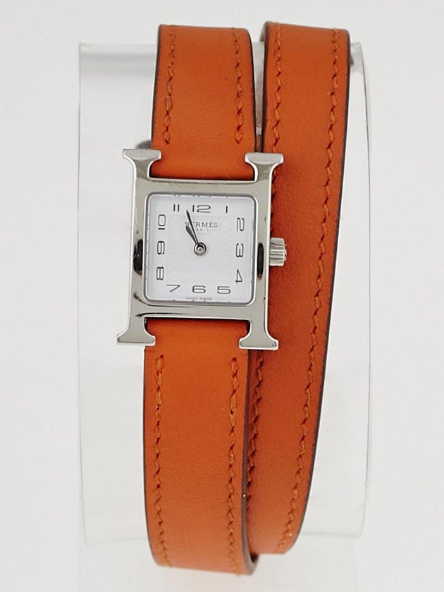 Hermes Orange Swift Leather and Stainless Steel Double Tour Heure H PM Quartz Watch 