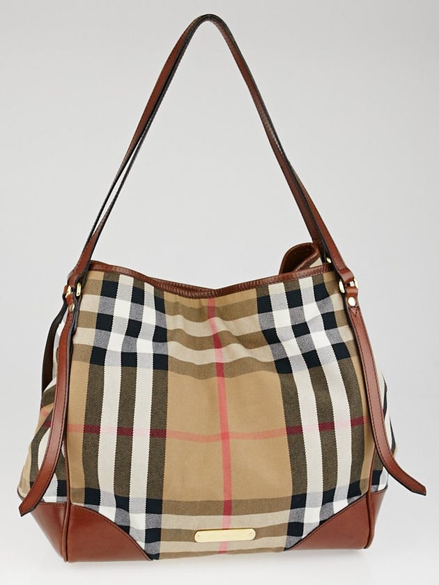 Burberry Brown Leather House Check Canvas Large Canterbury Bag