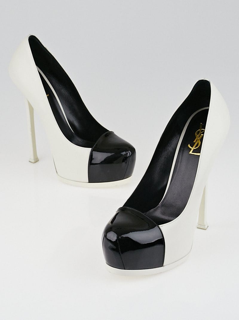 Yves Saint Laurent White Leather and Patent Leather Cap Toe Tribute Pumps Size 10/40.5